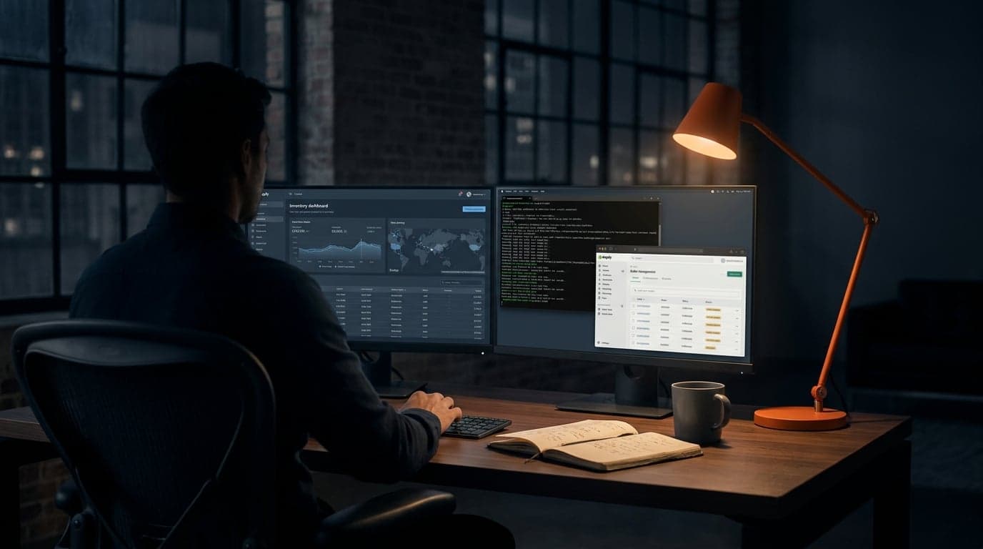 An ecommerce operator's workspace at night, multi-monitor dashboards, single orange task lamp